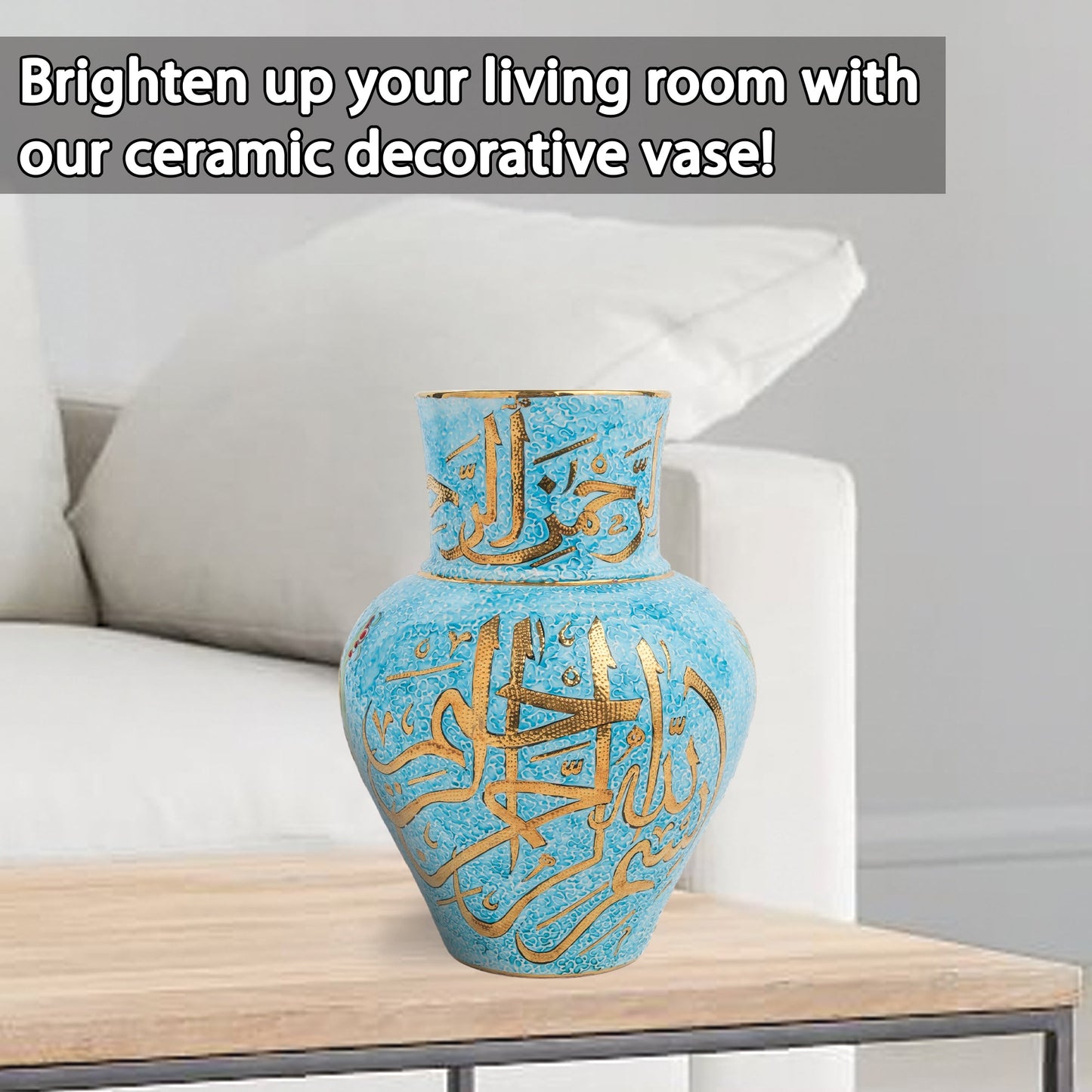 Handmade Ceramic Decorative Vase, Turquoise Calligraphy Ceramic Vase, Golden Vase