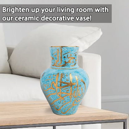 Handmade Ceramic Decorative Vase, Turquoise Calligraphy Ceramic Vase, Golden Vase