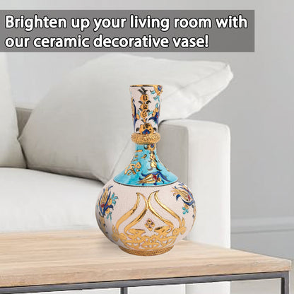 Handmade Ceramic Decorative Vase, Turquoise Calligraphy Ceramic Vase, Golden Vase
