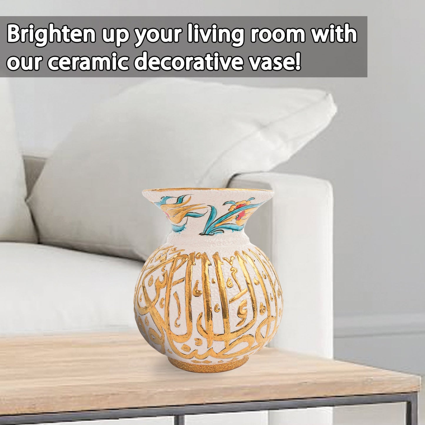 Handmade Ceramic Decorative Vase, Gold Calligraphy Ceramic Vase, Golden Vase