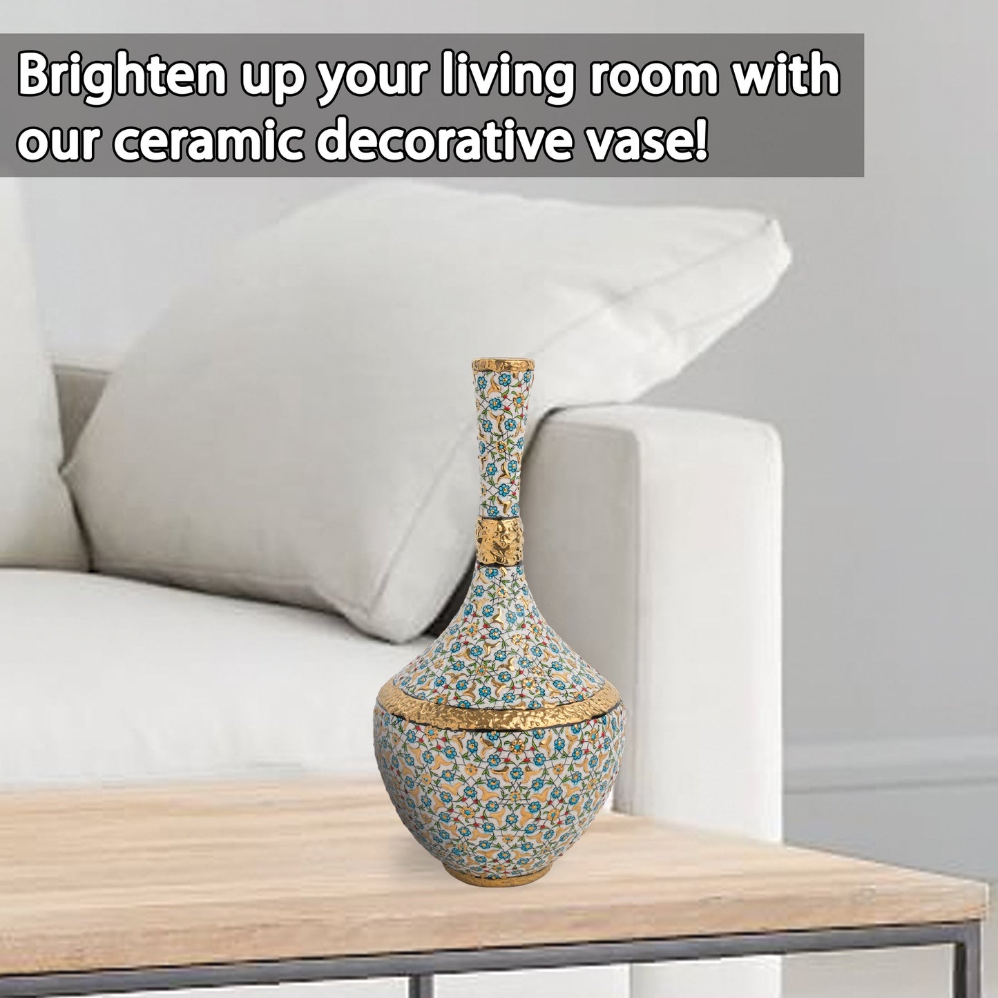 Handmade Ceramic Decorative Vase, Gold Floral Ceramic Vase, Golden Vase