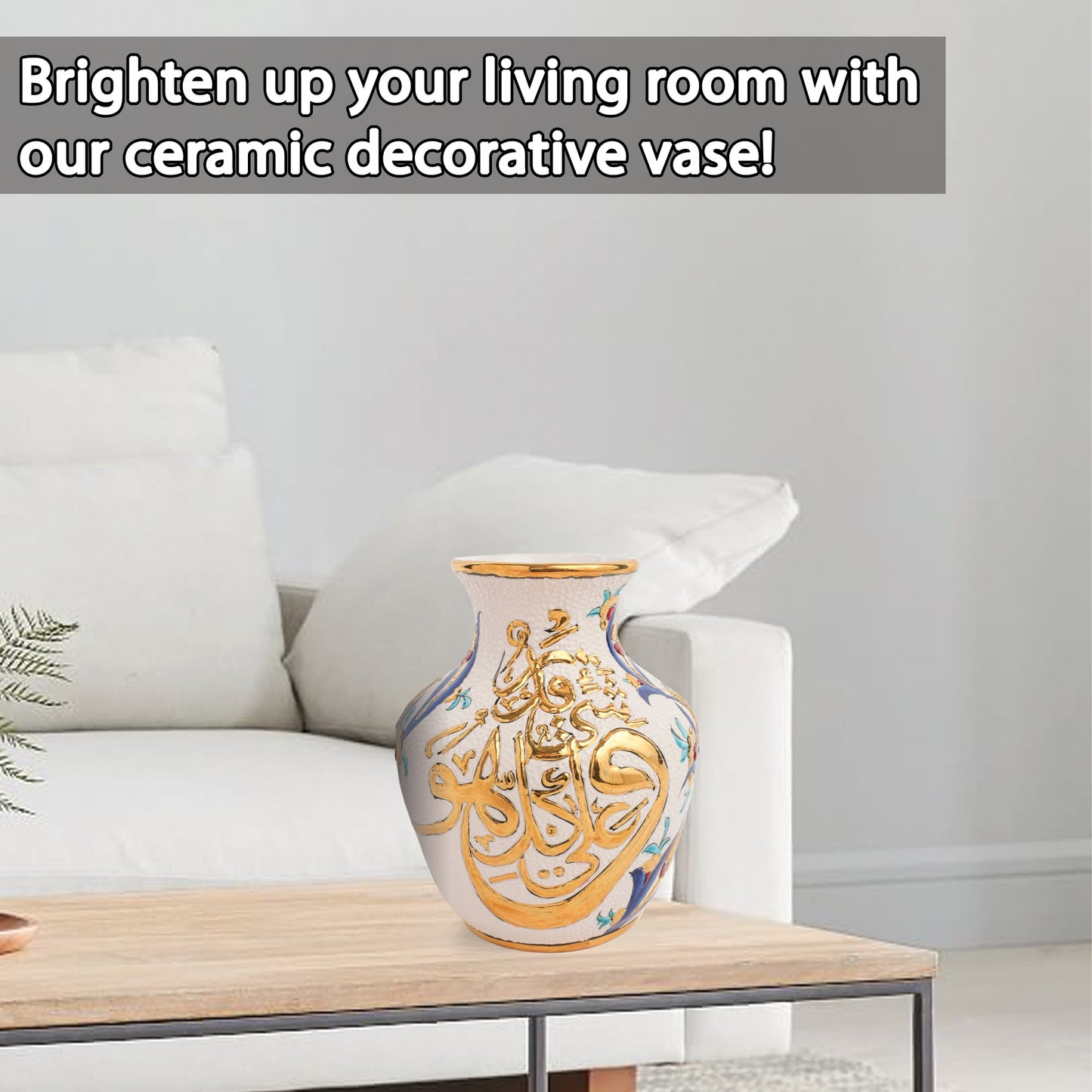 Handmade Ceramic Decorative Vase, Gold Calligraphy Ceramic Vase, Golden Vase