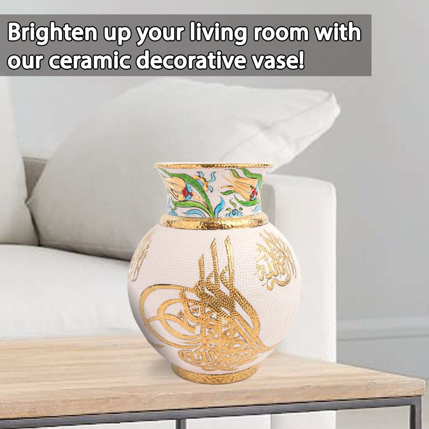 Handmade Ceramic Decorative Vase, Gold Calligraphy Ceramic Vase, Golden Vase