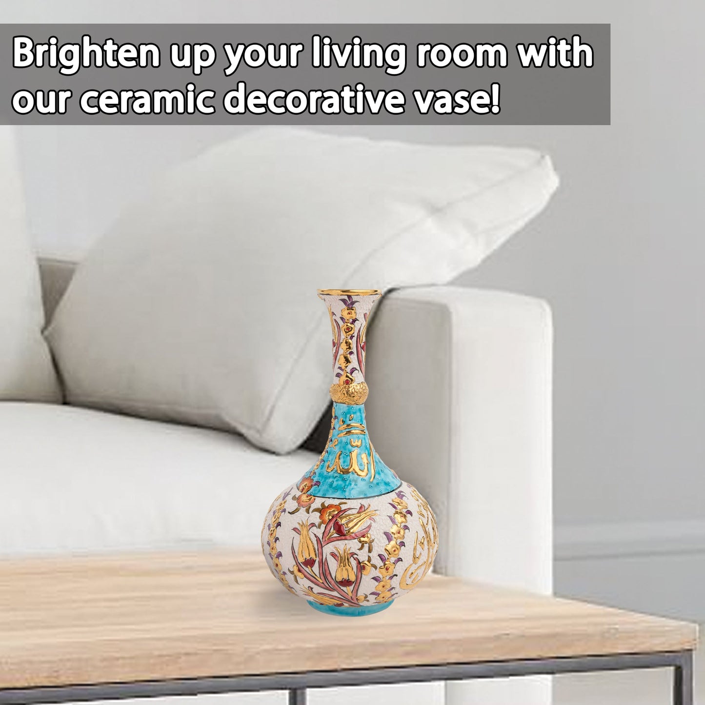 Handmade Ceramic Decorative Vase, Turquoise Calligraphy Ceramic Vase, Golden Vase