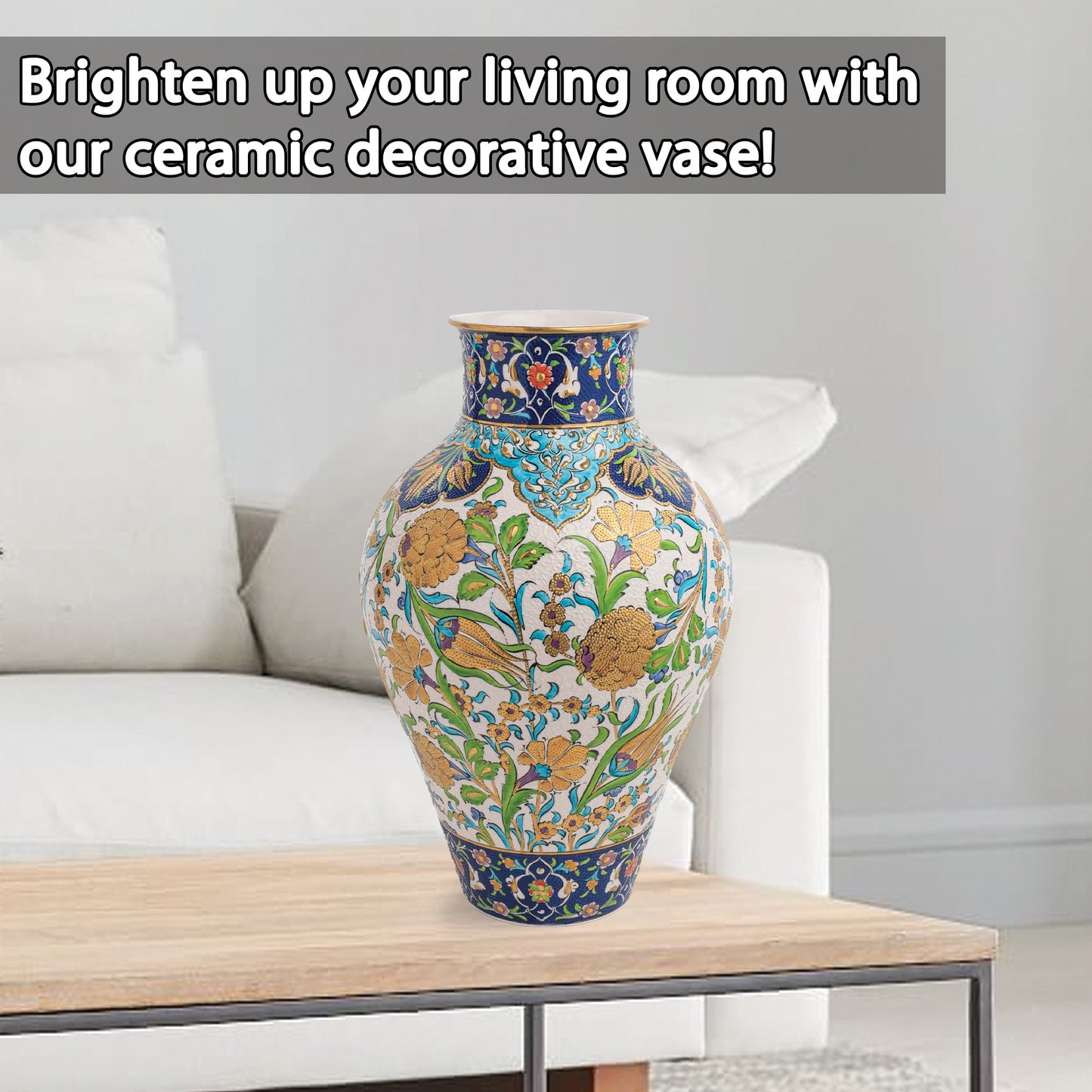 Handmade Ceramic Decorative Vase, Golden Botanica Ceramic Vase, Golden Vase