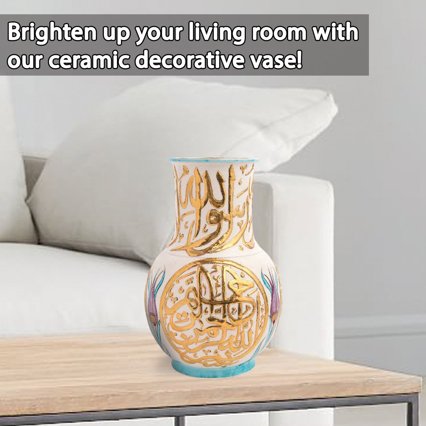 Handmade Ceramic Decorative Vase, Royal Calligraphy Ceramic Vase, Golden Vase