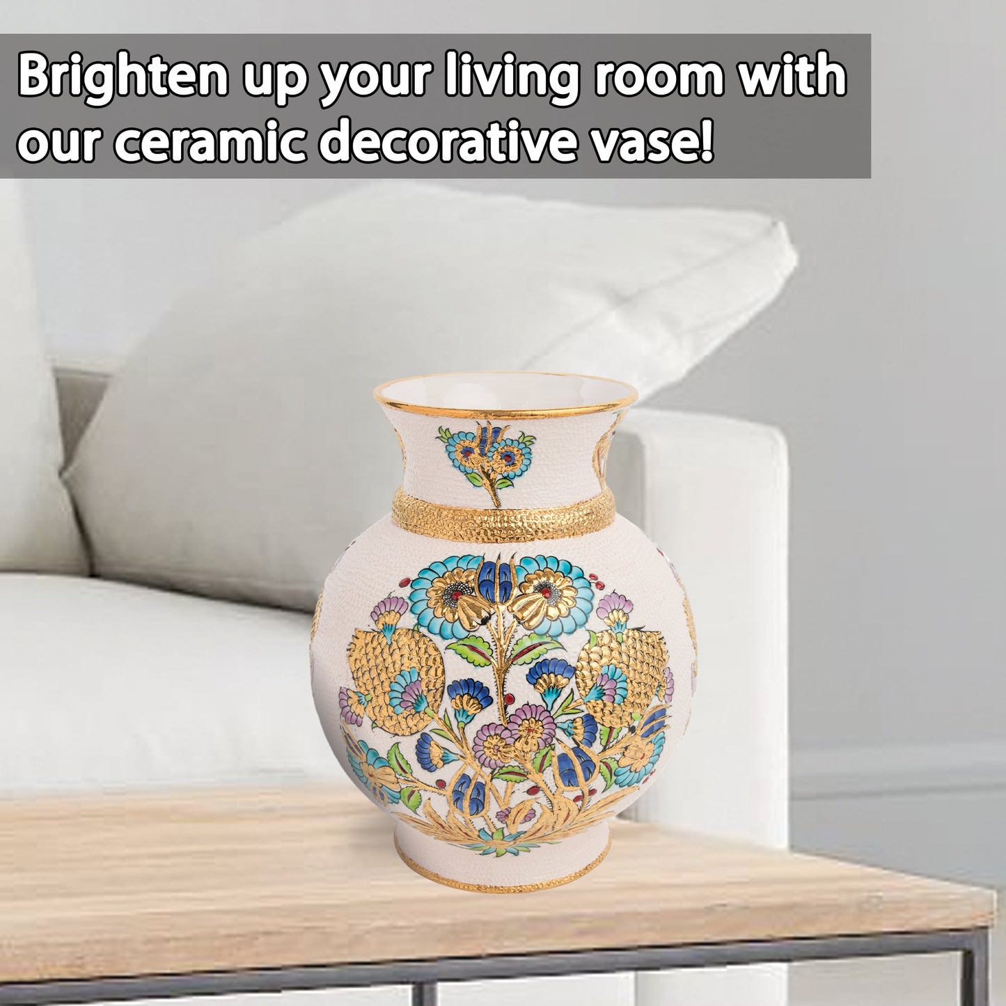 Handmade Ceramic Decorative Vase, Golden Floral Ceramic Vase, Golden Vase