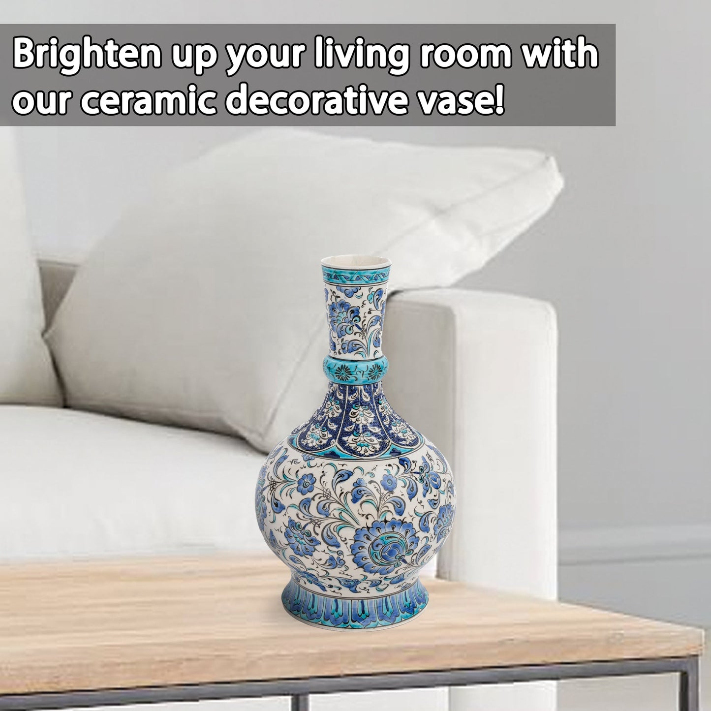 Handmade Ceramic Decorative Vase, Blue Floral Ceramic Vase