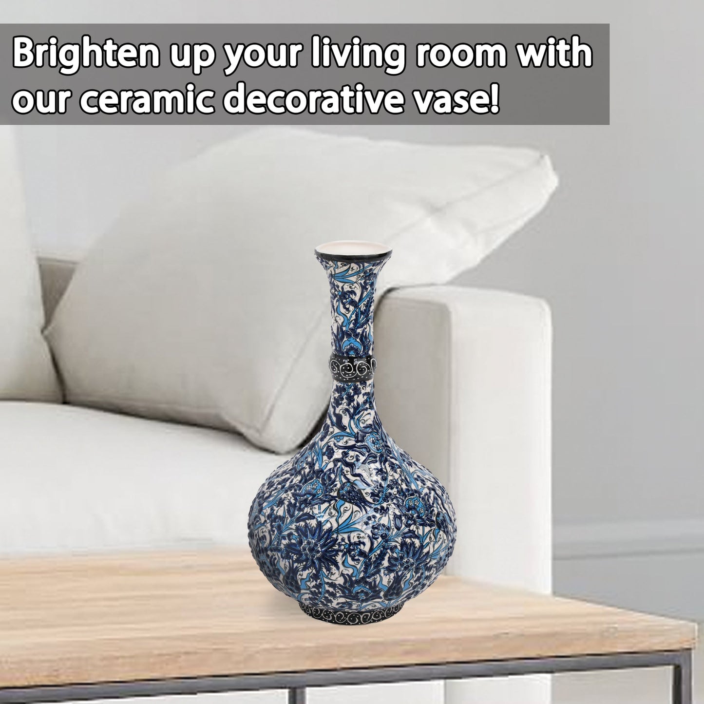 Handmade Ceramic Decorative Vase, Blue Floral Ceramic Vase