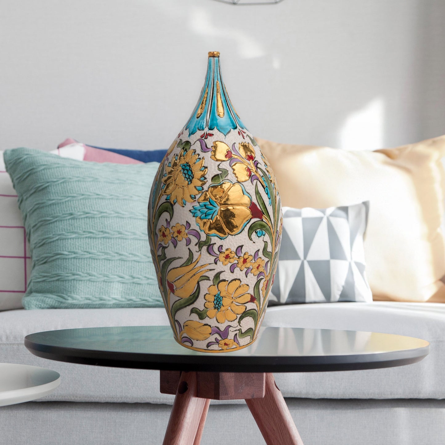 Hand-painted ceramic decorative bottle with Ottoman floral motifs and golden accents. Glossy glazed vase, artisan-made, perfect for elegant décor or gifts.