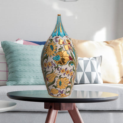 Hand-painted ceramic decorative bottle with Ottoman floral motifs and golden accents. Glossy glazed vase, artisan-made, perfect for elegant décor or gifts.