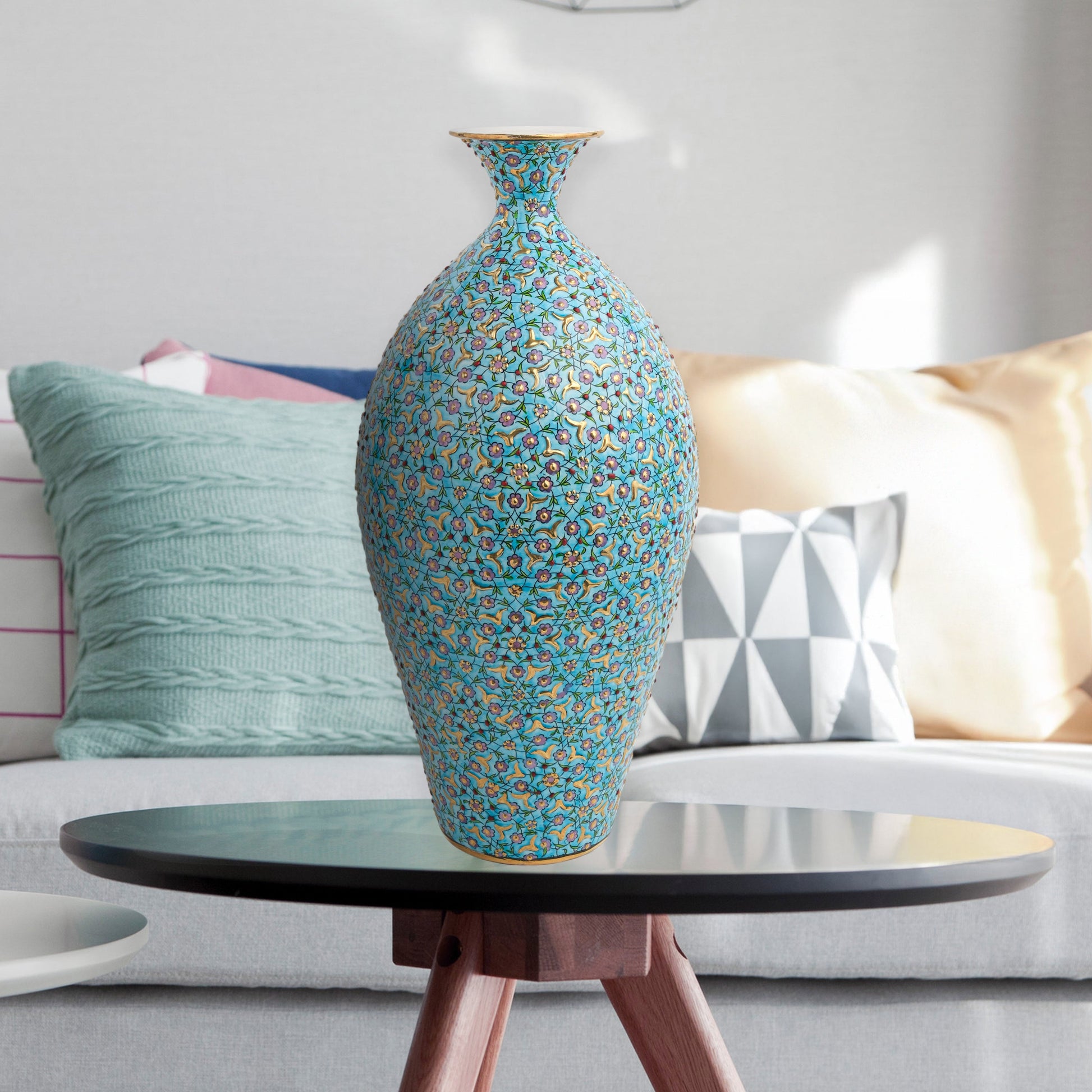 Hand-painted ceramic decorative bottle with floral motifs on turquoise base. Ottoman-inspired artisan vase, glossy glazed, perfect for décor or gifting.