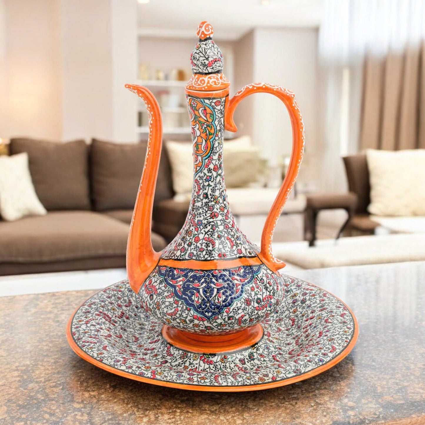 Hand-painted ceramic ewer and basin set with vivid orange accents and Ottoman floral motifs. Decorative artisan piece, 40 cm tall, perfect for cultural décor.