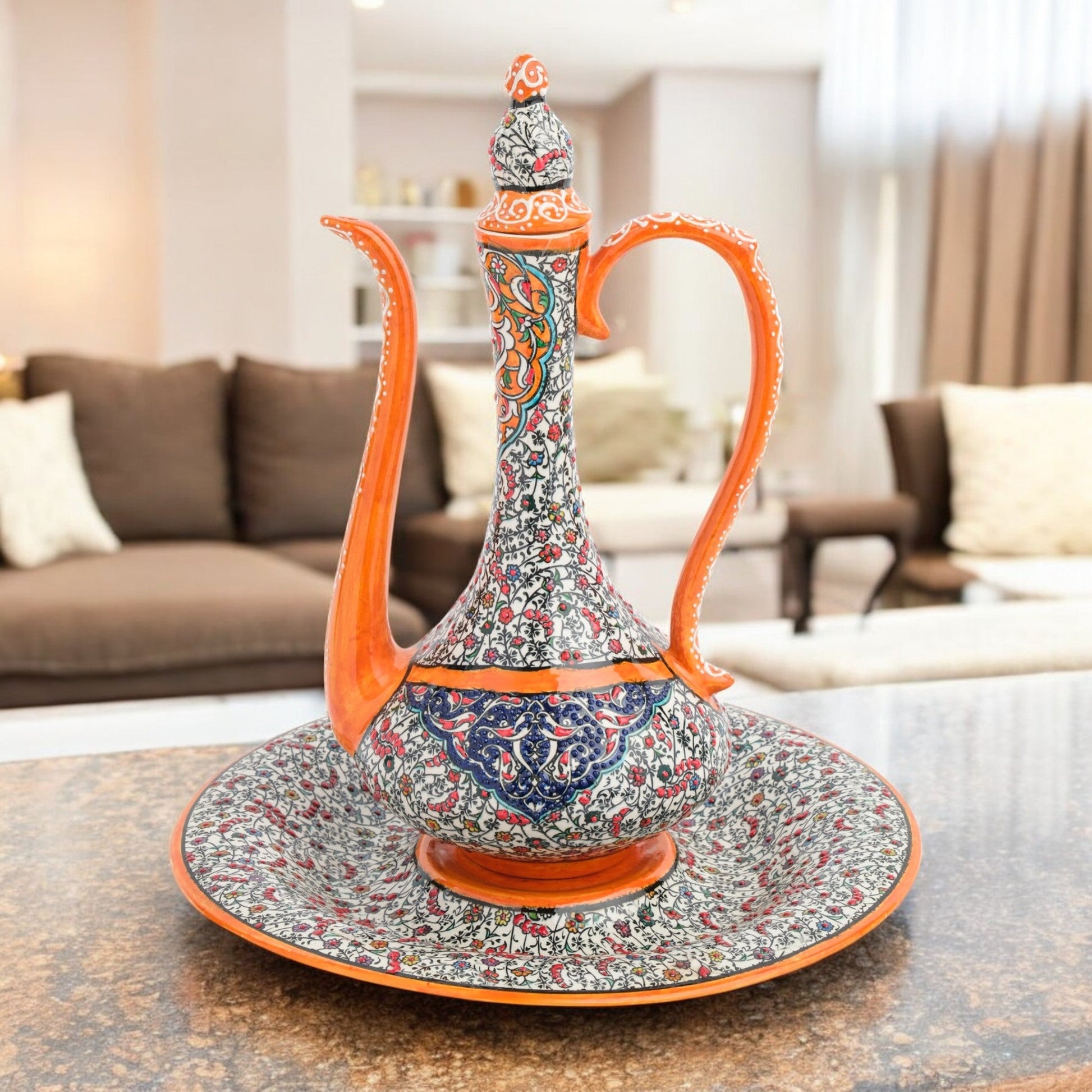 Hand-painted ceramic ewer and basin set with vivid orange accents and Ottoman floral motifs. Decorative artisan piece, 40 cm tall, perfect for cultural décor.
