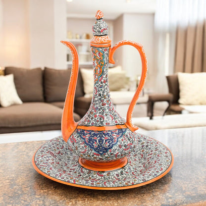 Hand-painted ceramic ewer and basin set with vivid orange accents and Ottoman floral motifs. Decorative artisan piece, 40 cm tall, perfect for cultural décor.