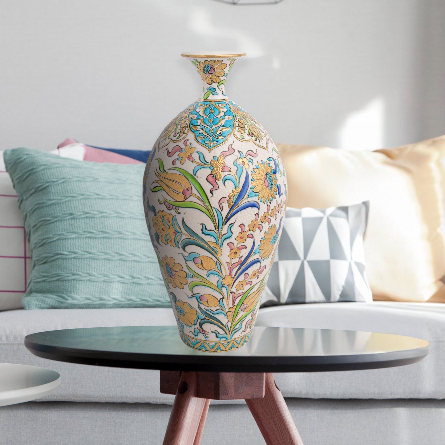 Hand-painted ceramic decorative bottle with pastel blossoms, golden tulips & Ottoman flourishes. Glossy glazed vase, artisan-made, perfect décor or gift.