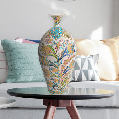 Hand-painted ceramic decorative bottle with pastel blossoms, golden tulips & Ottoman flourishes. Glossy glazed vase, artisan-made, perfect décor or gift.