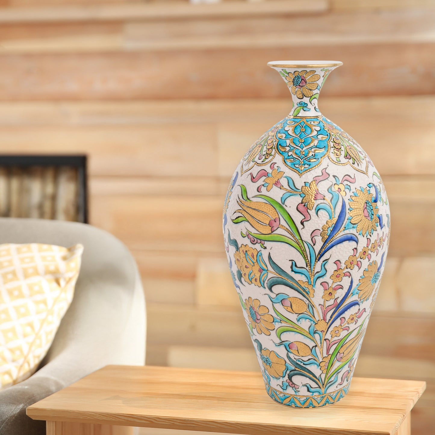 Hand-painted ceramic decorative bottle with pastel blossoms, golden tulips & Ottoman flourishes. Glossy glazed vase, artisan-made, perfect décor or gift.