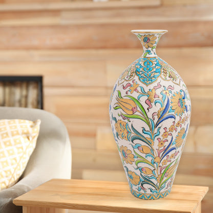 Hand-painted ceramic decorative bottle with pastel blossoms, golden tulips & Ottoman flourishes. Glossy glazed vase, artisan-made, perfect décor or gift.