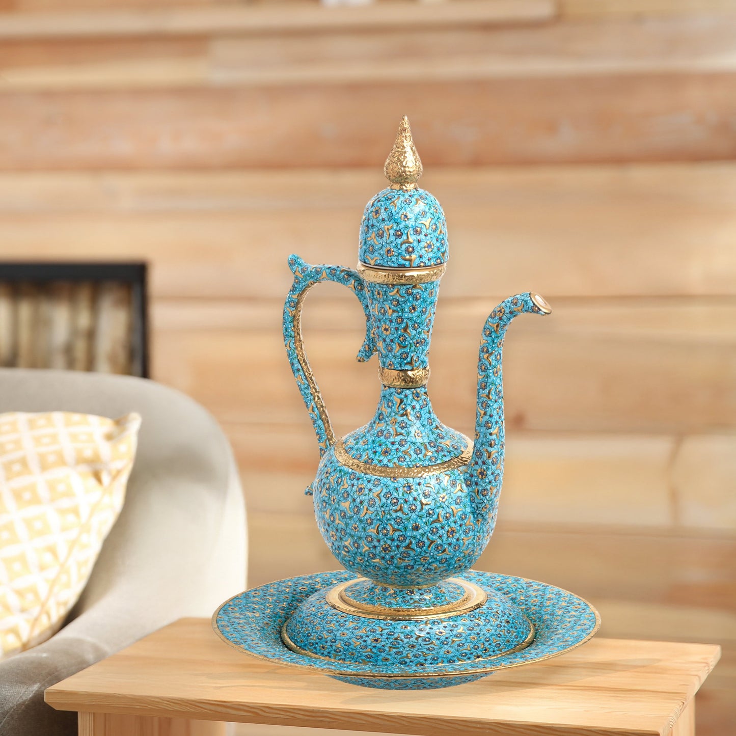 Hand-painted ceramic ewer and basin set with turquoise floral motifs and gold detailing. Tall Ottoman-inspired décor piece, perfect for display or gifting.