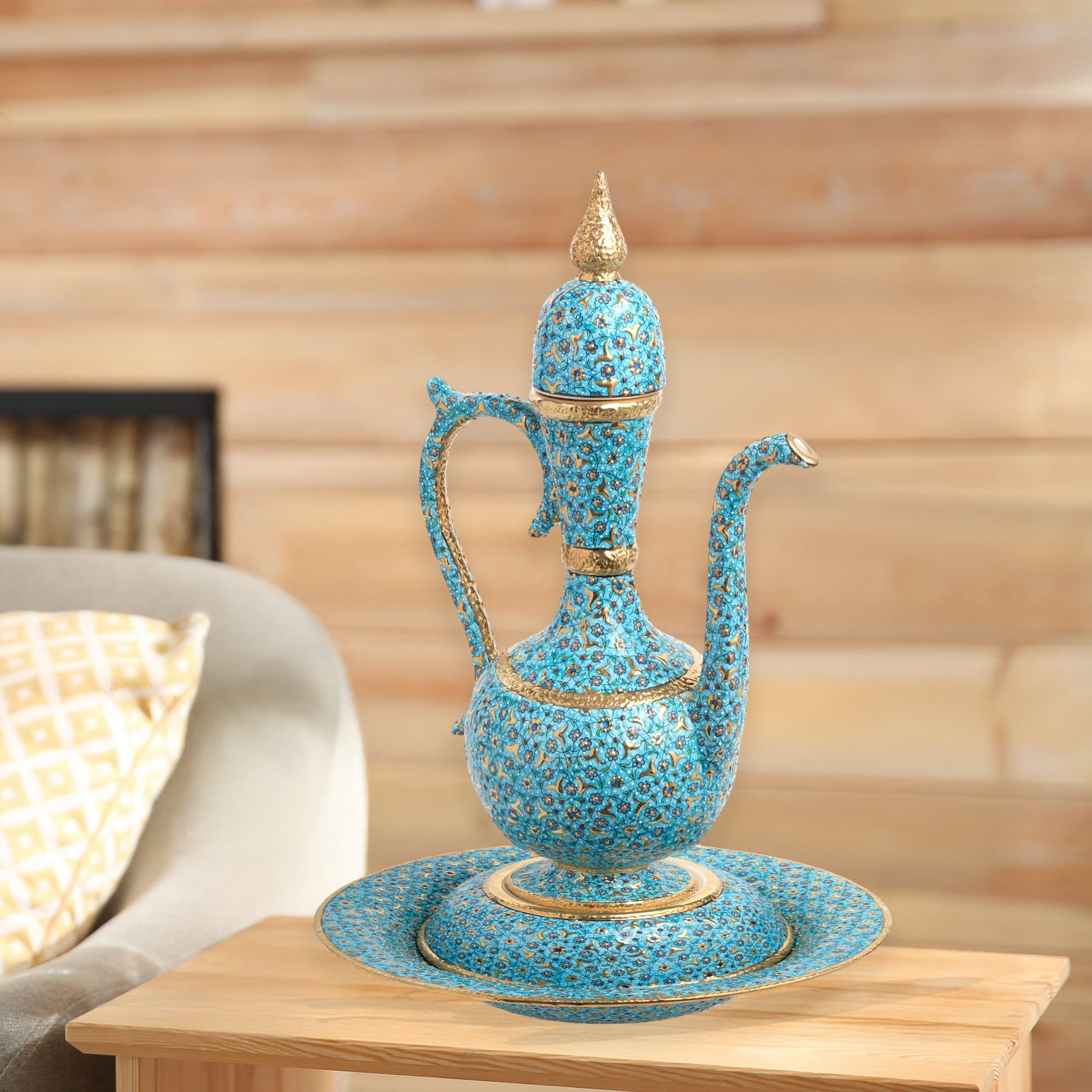 Hand-painted ceramic ewer and basin set with turquoise floral motifs and gold detailing. Tall Ottoman-inspired décor piece, perfect for display or gifting.