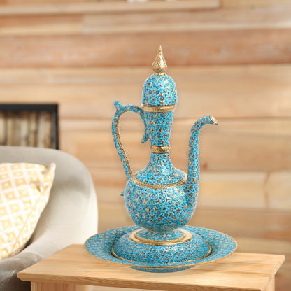 Hand-painted ceramic ewer and basin set with turquoise floral motifs and gold detailing. Tall Ottoman-inspired décor piece, perfect for display or gifting.