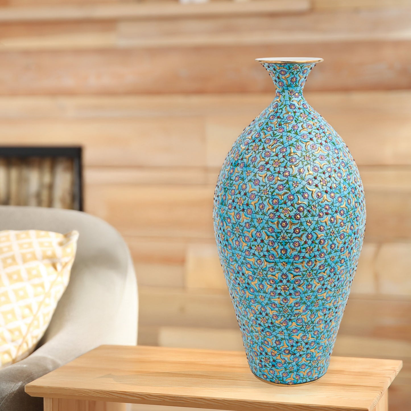 Hand-painted ceramic decorative bottle with floral motifs on turquoise base. Ottoman-inspired artisan vase, glossy glazed, perfect for décor or gifting.