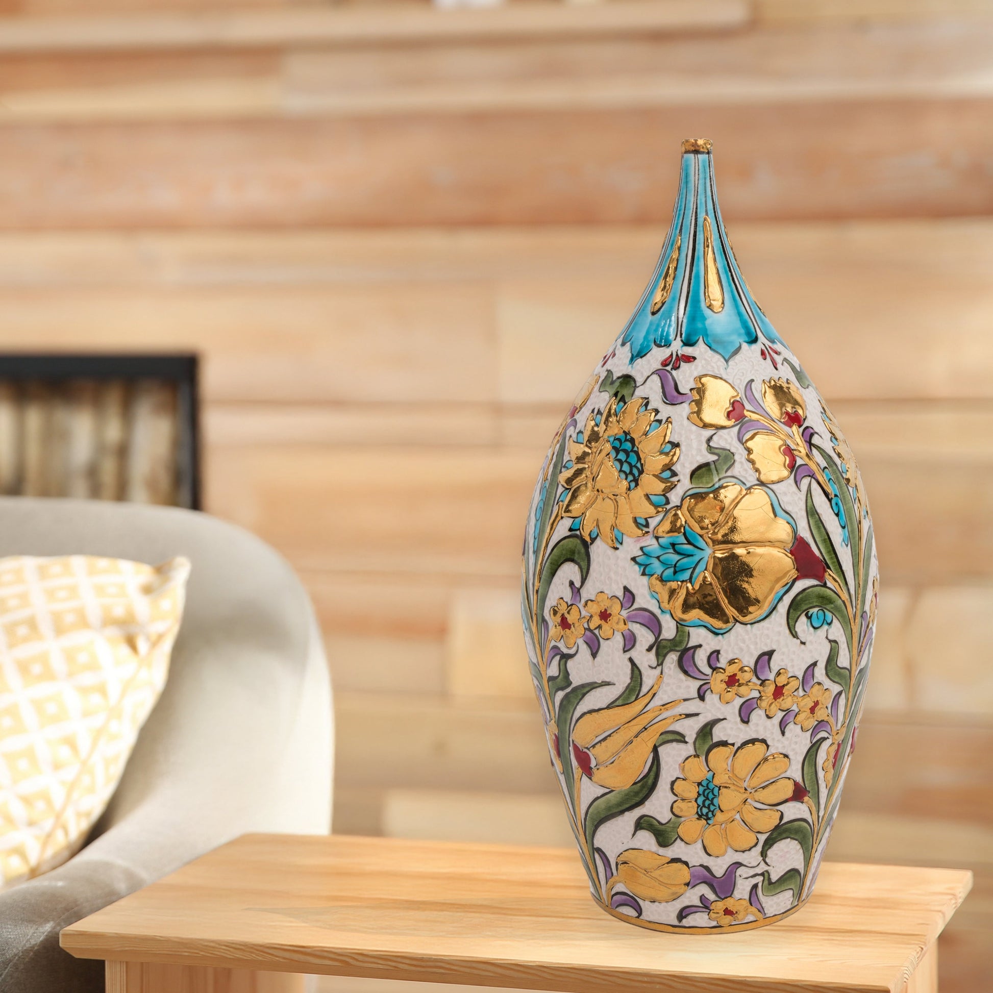 Hand-painted ceramic decorative bottle with Ottoman floral motifs and golden accents. Glossy glazed vase, artisan-made, perfect for elegant décor or gifts.