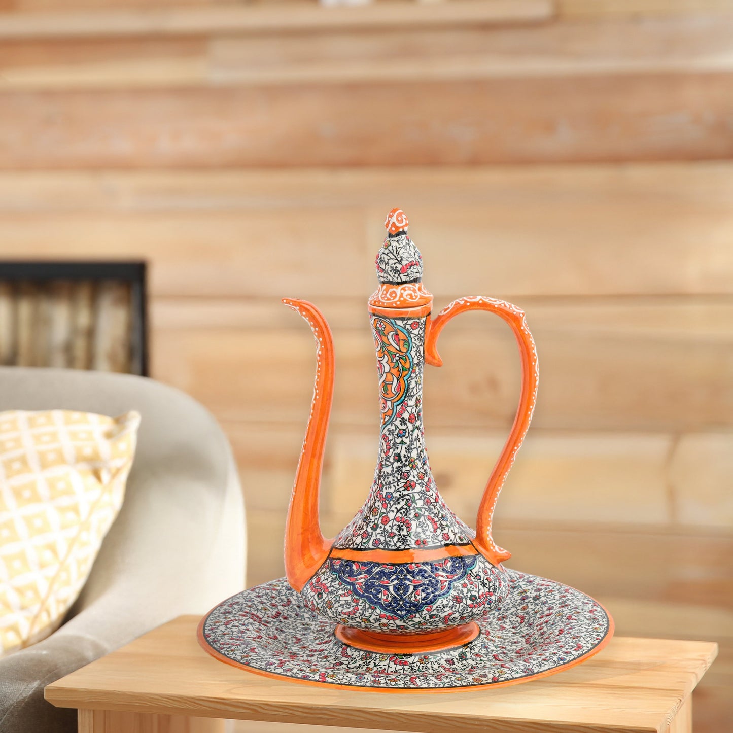Hand-painted ceramic ewer and basin set with vivid orange accents and Ottoman floral motifs. Decorative artisan piece, 40 cm tall, perfect for cultural décor.