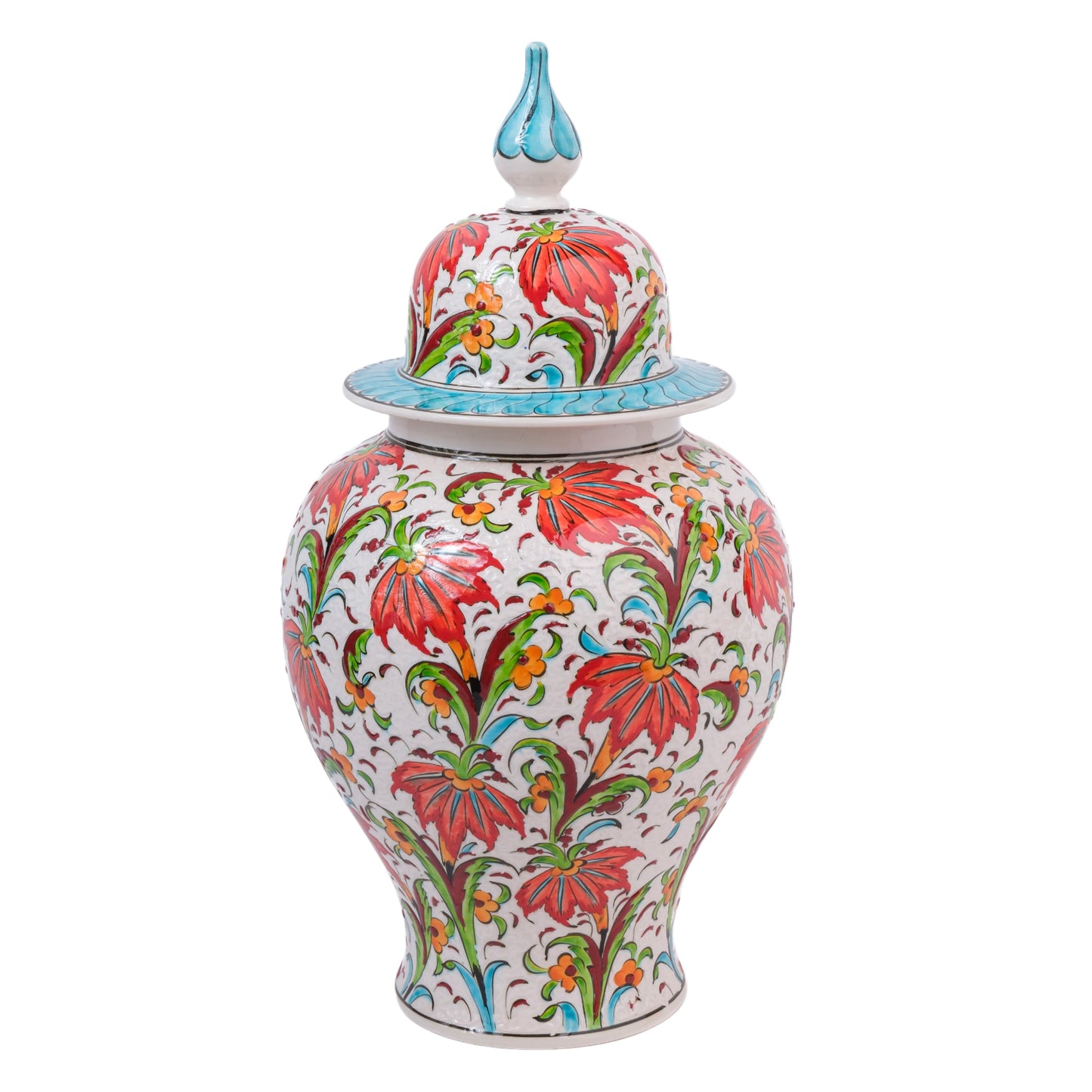 A hand-painted ceramic jar with a lid, featuring red tulips and other floral motifs with green foliage on a white background, and a turquoise finial on the lid.