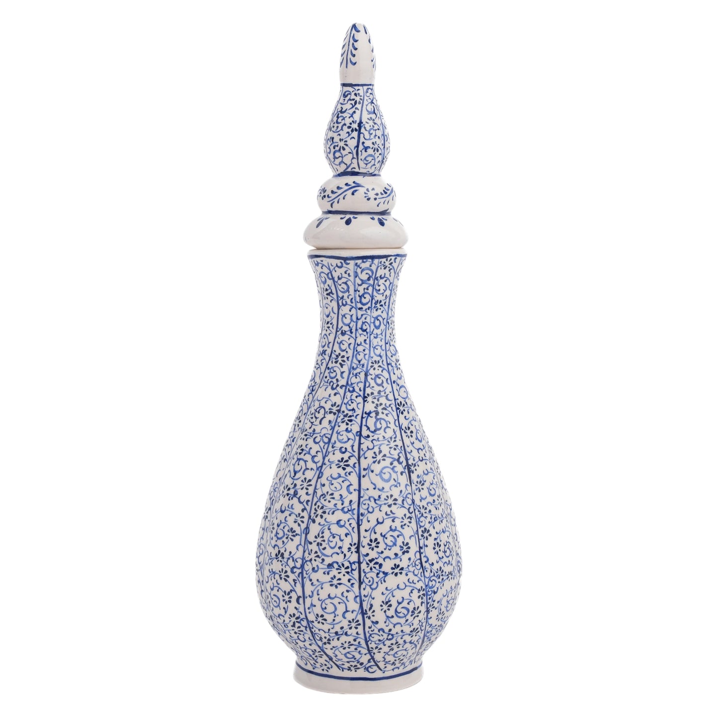 A tall, hand-painted Turkish ceramic vase with a white base and blue floral vine motif, featuring a pointed lid.