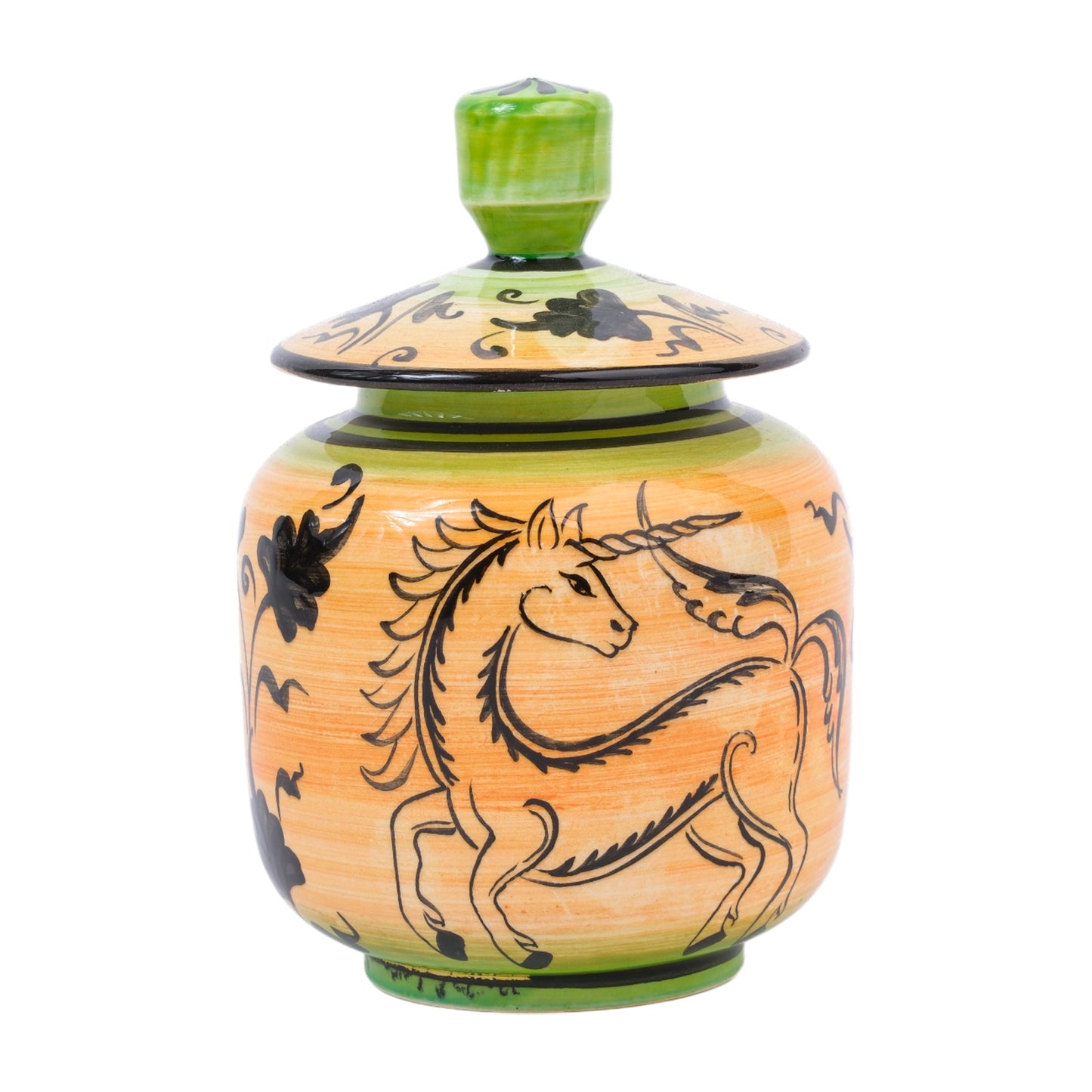 A handmade ceramic jar with a lid, featuring a hand-painted black unicorn over a warm orange and green background.