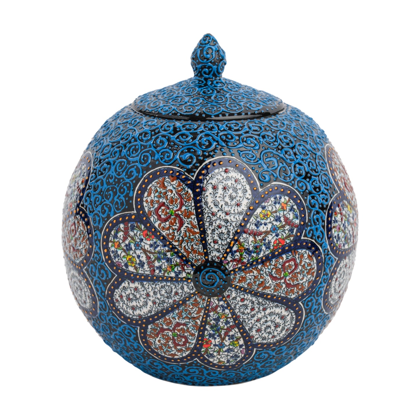 A handmade ceramic decorative jar with a blue blossom floral pattern and a lid, featuring intricate blue scrollwork on a matte-textured base.