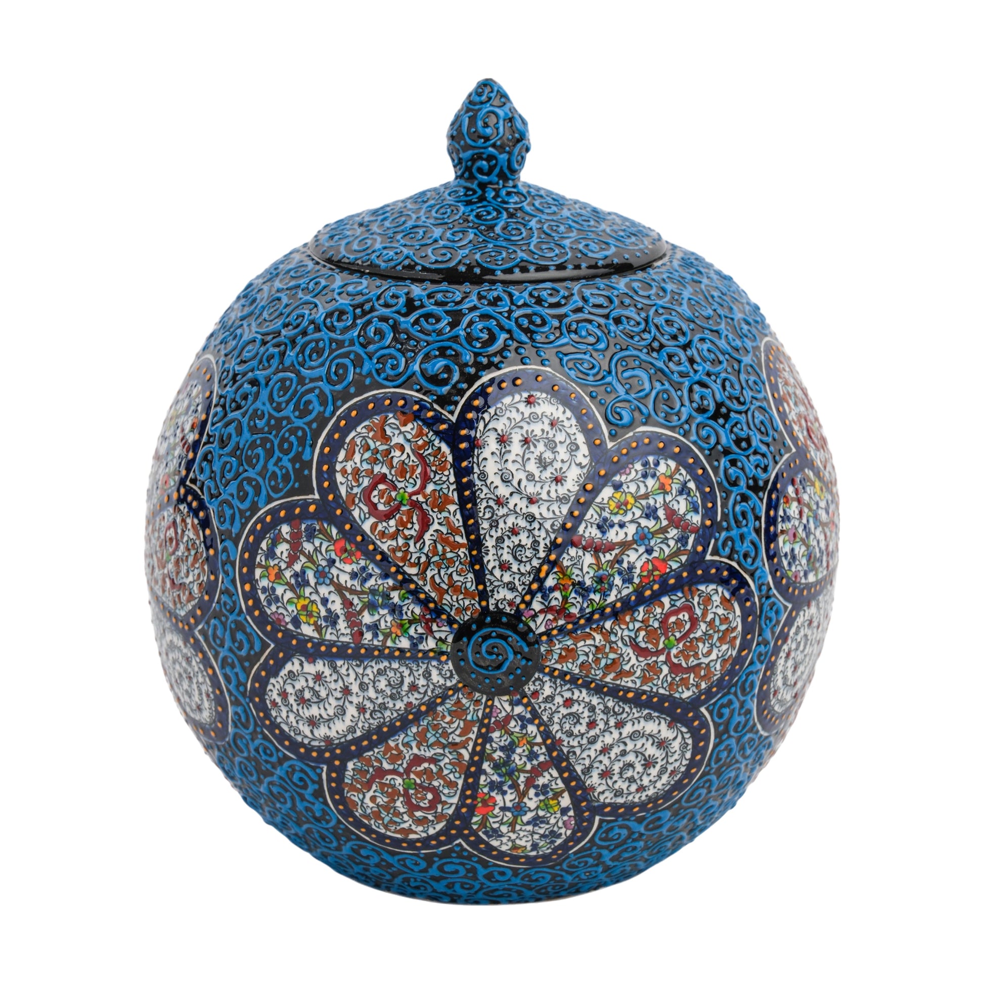 A handmade ceramic decorative jar with a blue blossom floral pattern and a lid, featuring intricate blue scrollwork on a matte-textured base.