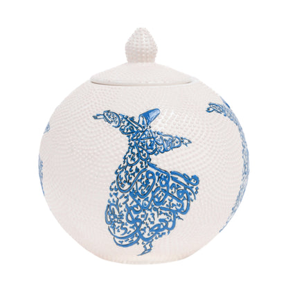 Handmade ceramic round jar with a blue calligraphy design depicting a whirling dervish silhouette, featuring a glossy finish.