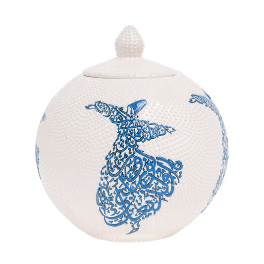 Handmade ceramic round jar with a blue calligraphy design depicting a whirling dervish silhouette, featuring a glossy finish.