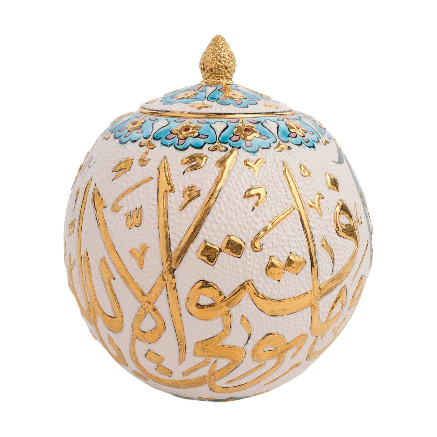 A hand-painted ceramic jar with gold script and turquoise floral accents on a white background, featuring a golden finial lid.