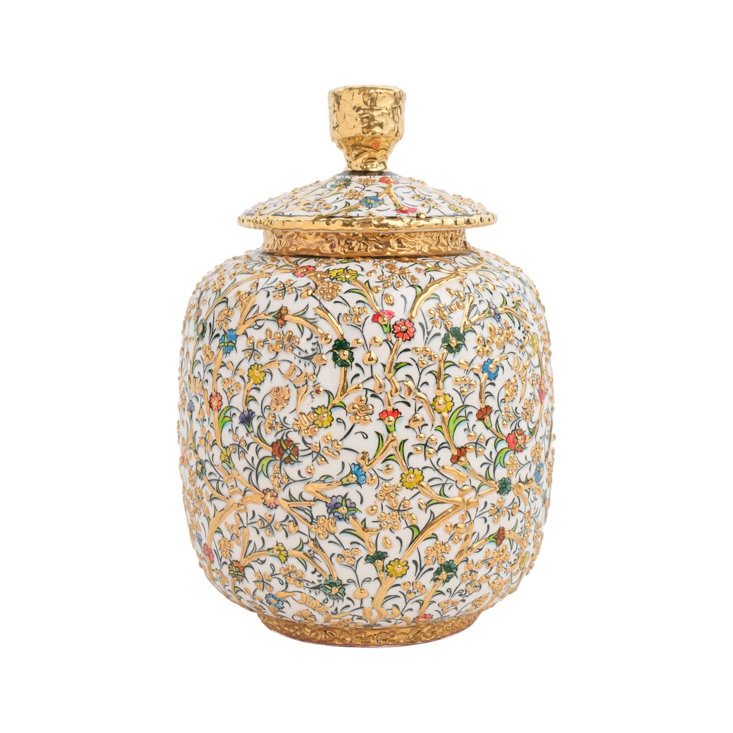 A hand-painted ceramic jar with a golden lid, featuring a floral motif with golden embossed details.