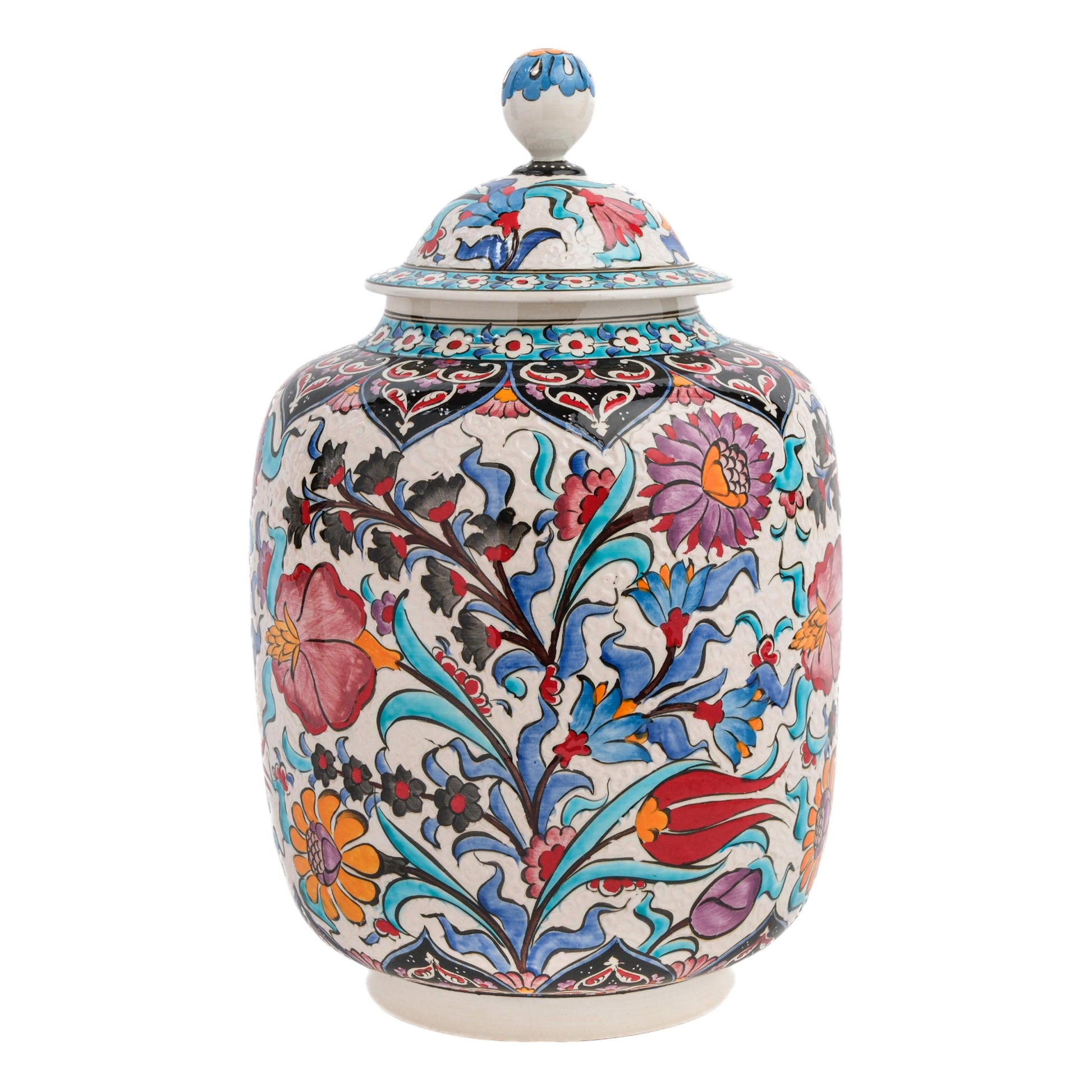 A hand-painted ceramic jar with a lid, featuring a colorful floral pattern with rich purples, reds, turquoise, and oranges against a traditional Ottoman motif.