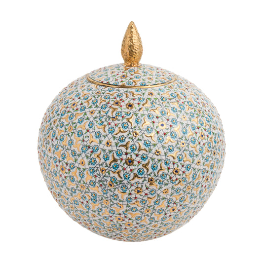 Hand-painted Floral Globe ceramic jar with blue blossoms and golden vines. Spherical artisan design with gold finial, perfect for décor or luxury gifting.
