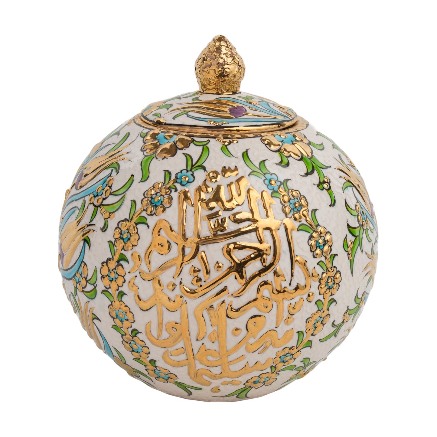 A spherical ceramic jar with gold Arabic calligraphy and floral patterns, featuring a golden finial on the lid.
