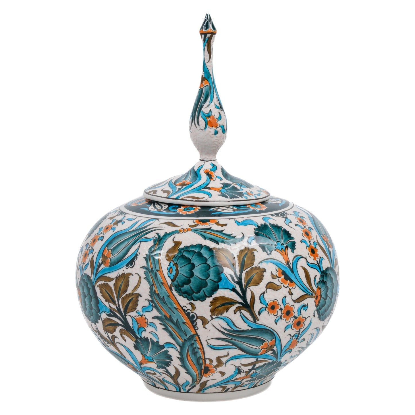A bulbous ceramic decorative jar with a lid, featuring hand-painted teal blooms, stylized tulips, and leafy vines on a creamy white base.