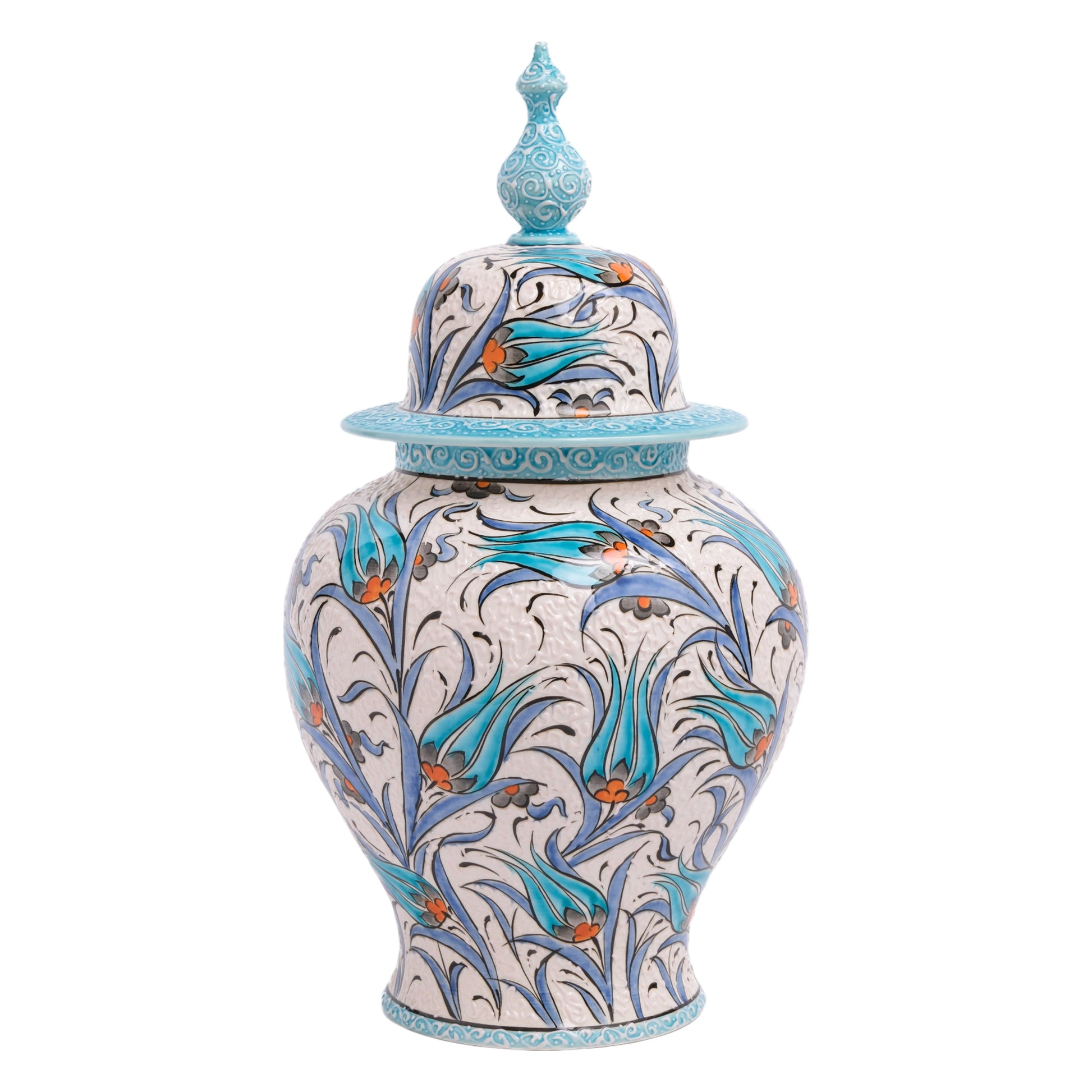 A hand-painted ceramic jar with a turquoise lid, featuring blue tulip motifs and orange details.