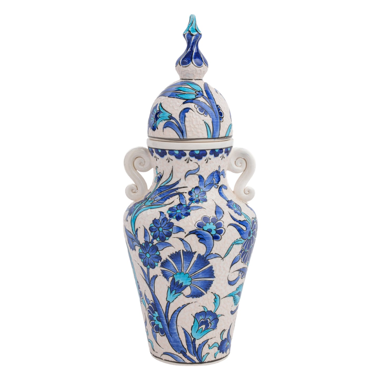 A hand-painted ceramic jar with a lid, featuring blue floral patterns and turquoise details, along with elegant side handles and a sculpted finial.