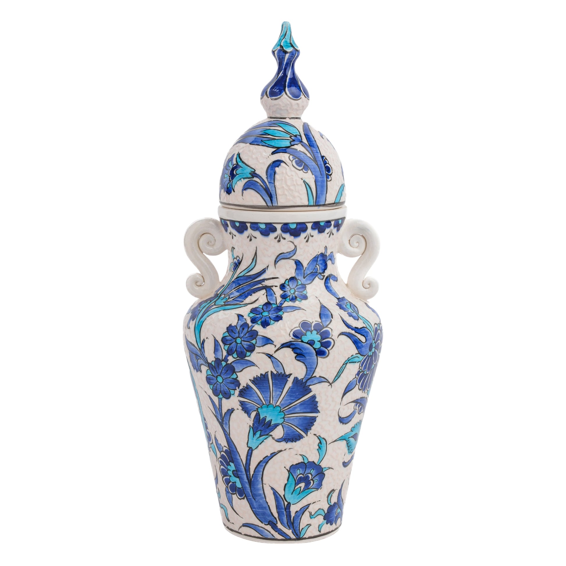 A hand-painted ceramic jar with a lid, featuring blue floral patterns and turquoise details, along with elegant side handles and a sculpted finial.