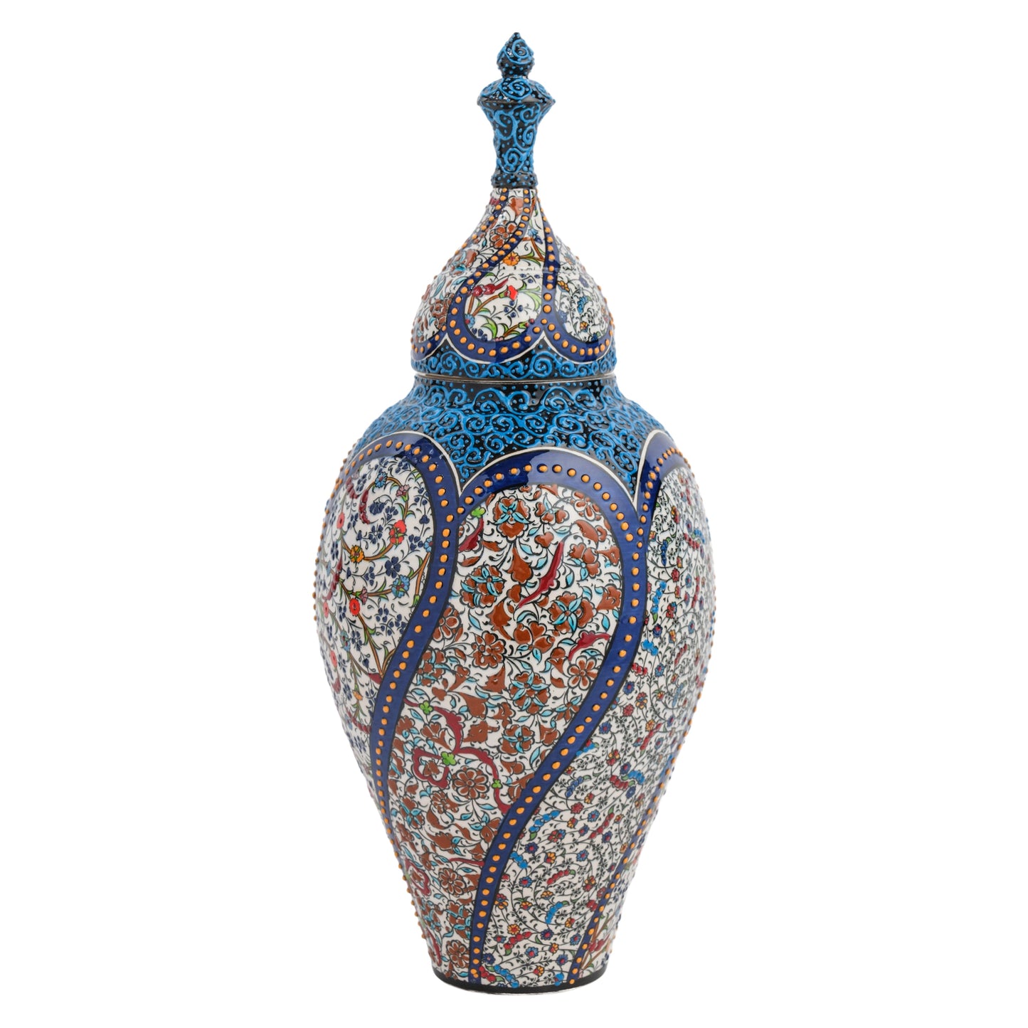 A tall, hand-painted Turkish ceramic vase with a lid, featuring floral mosaics in red, blue, ivory, and turquoise colors on a glossy, textured surface.