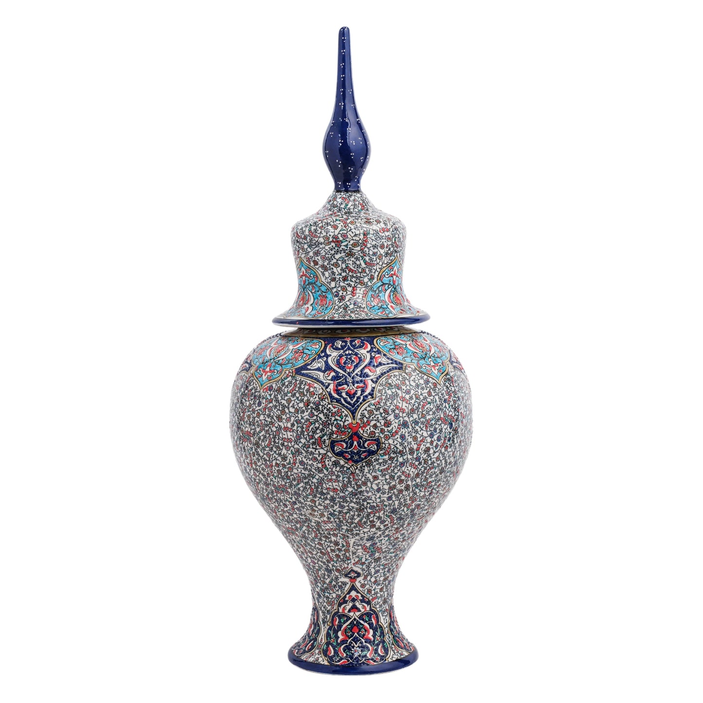 A hand-painted ceramic jar with a lid, featuring an intricate floral and geometric Ottoman pattern in blue, navy, and red hues.
