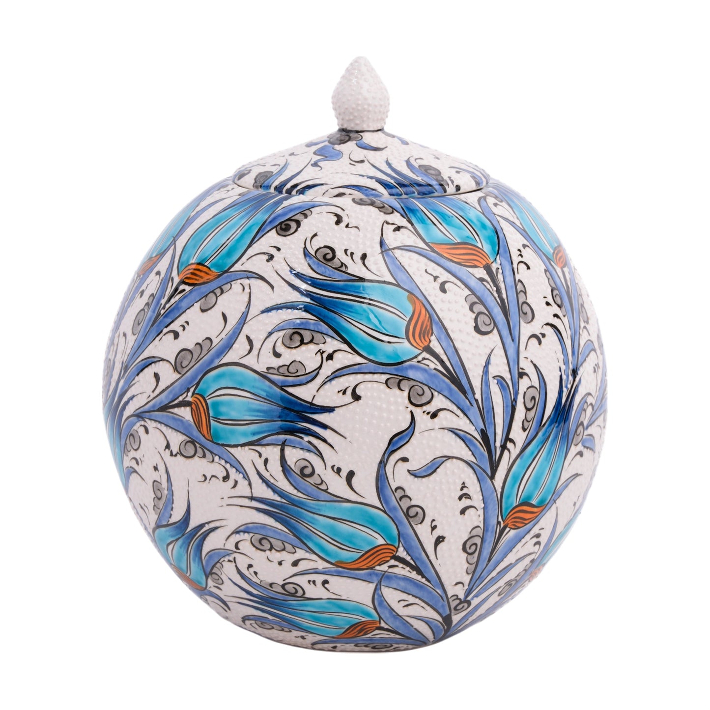 A hand-painted ceramic jar with a turquoise tulip design, featuring black swirling floral detailing on a white background, topped with a lid.