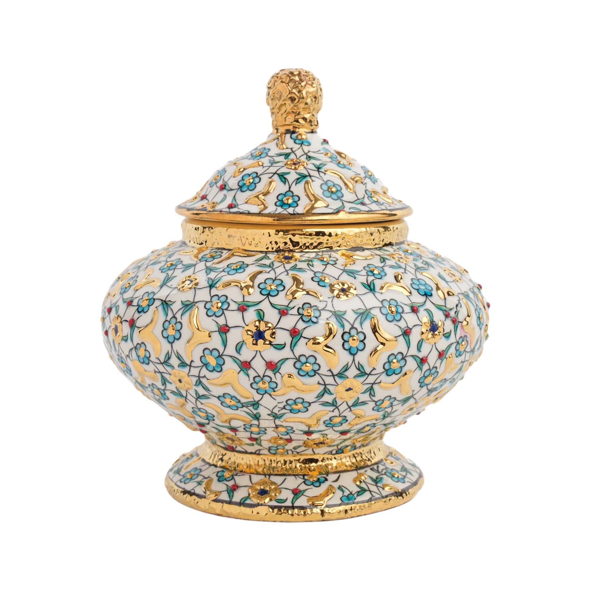 A hand-painted ceramic jar with a golden bloom design, featuring turquoise flowers and gold leaf accents, closed with a matching lid.