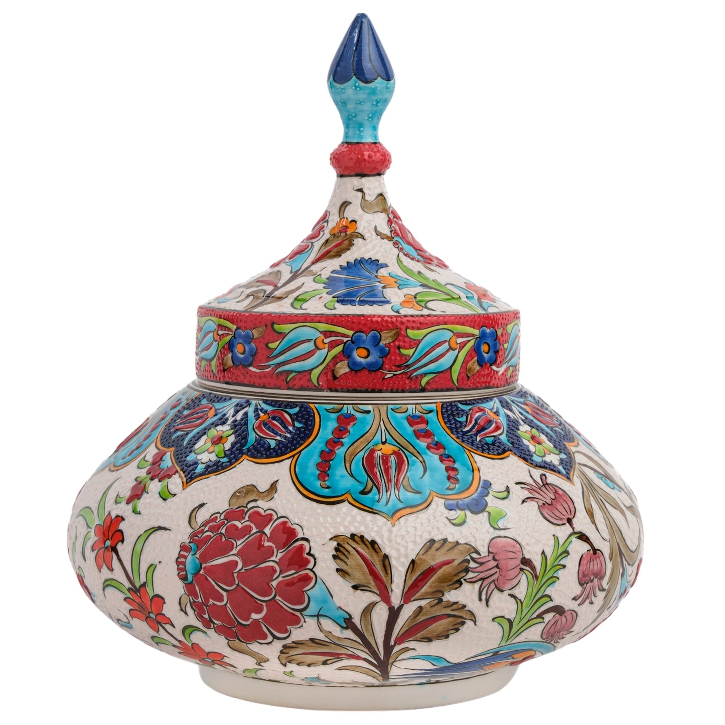 Hand-painted ceramic jar with a lid featuring a colorful floral pattern with red, blue, and green motifs on a white background, topped with a bold turquoise finial.